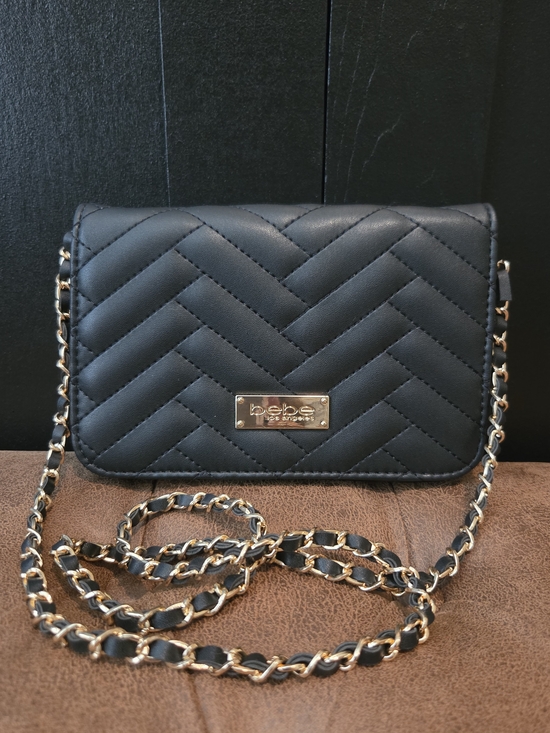 bebe Handbags - Bebe Sophia Black Quilted Crossbody with Gold Chain Strap